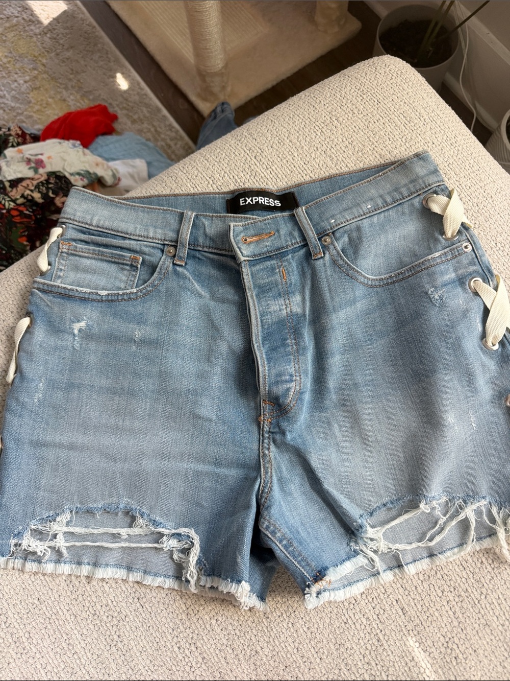 Express Light Blue Distressed Lace-Up Denim Shorts